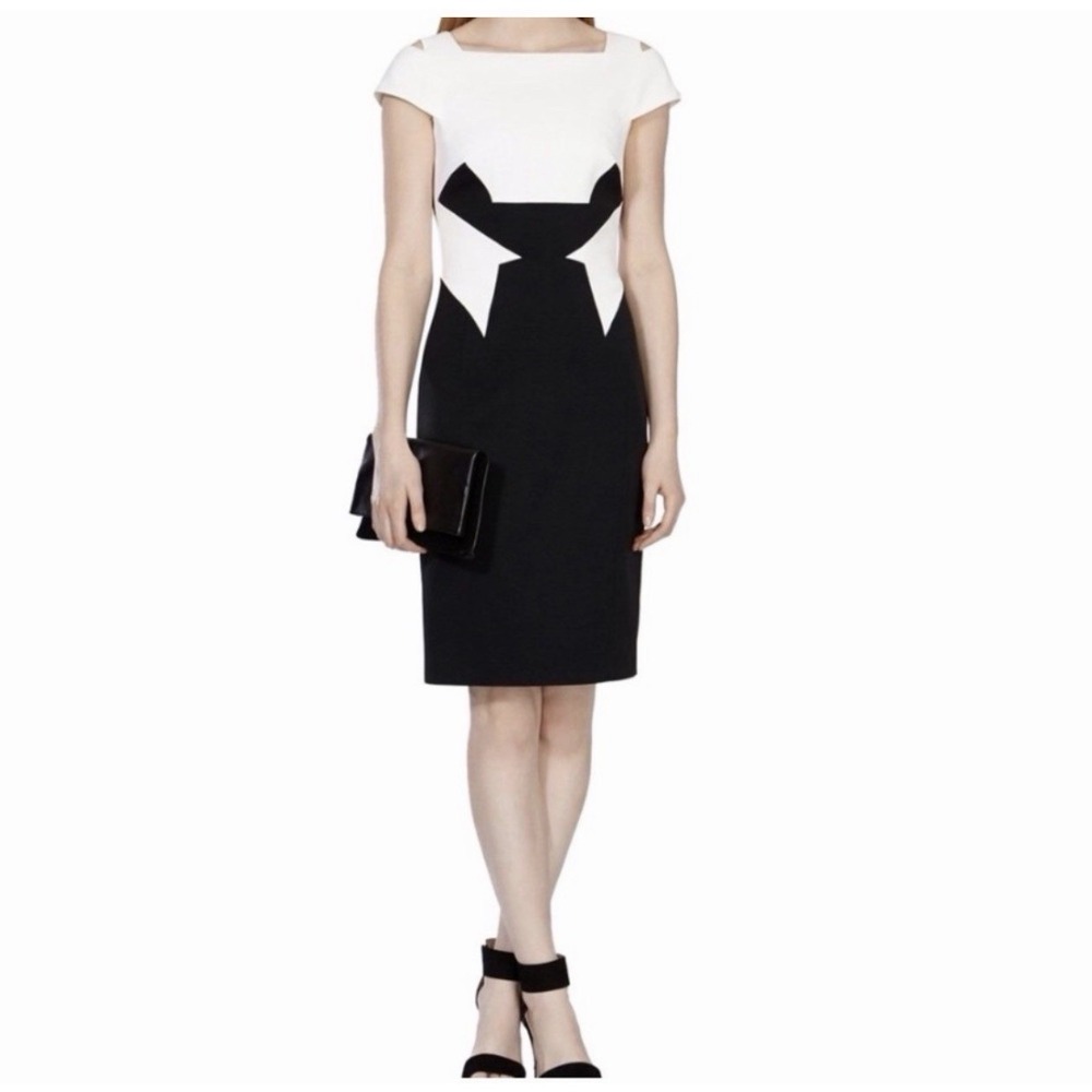 Karen Millen Knee Length Bodycon Dress Size 2 White Black Cap Sleeve Geometric